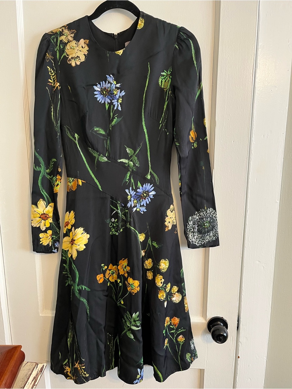 Lela Rose Black Long-Sleeve Floral A-Line Dress